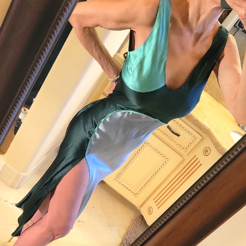 Lattelier 100% Silk Green/Gray  Sheath Midi Dress for Night Out w/ Front Slit, S - Picture 12 of 16